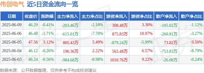 股票行情快报：伟创电气（688698）6月9日主力资金净卖出20346万元彩神vll(图1)
